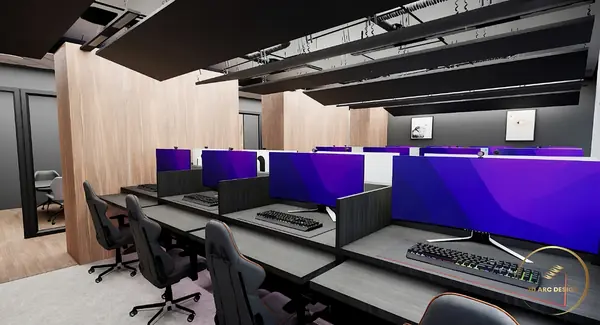 Concept design render of the same training room, produced before construction