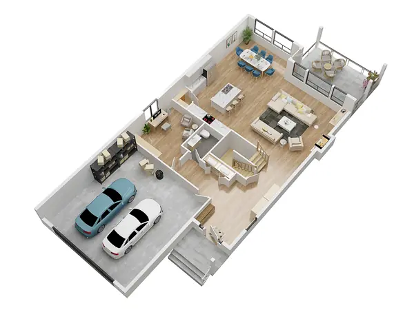 3D cut-away floor plan showing bedrooms, bathrooms and circulation
