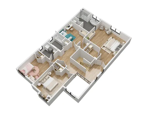 3D cut-away floor plan showing the living level and garage