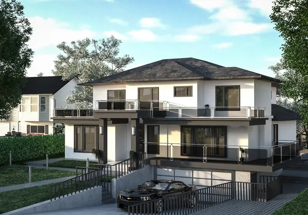 Front elevation with glazed stair and balcony