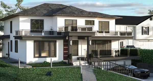 Evening view of the front elevation