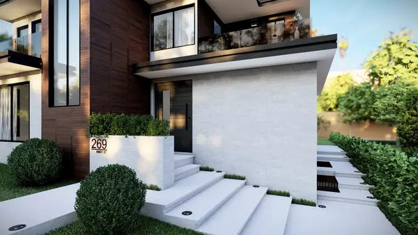 Entry stair rising through the planted frontage to the front door