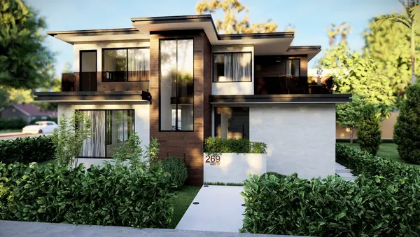 Front elevation with dark cladding and glazed upper level