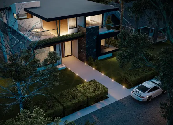 Front elevation with timber-clad entry volume and deep roof overhang
