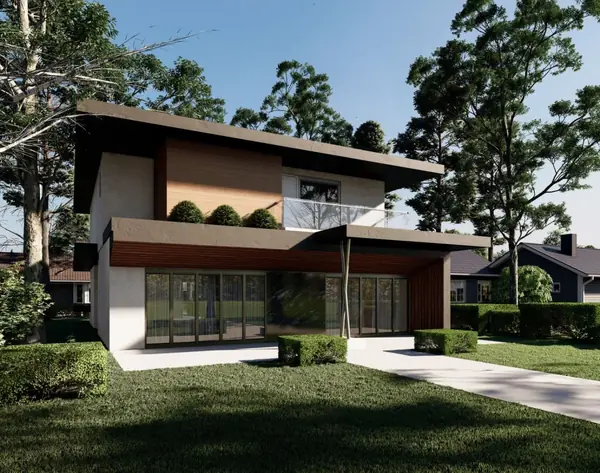 Evening view with lit soffits and glazed living volume