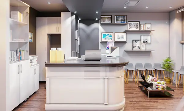Reception and waiting area with seating and product display