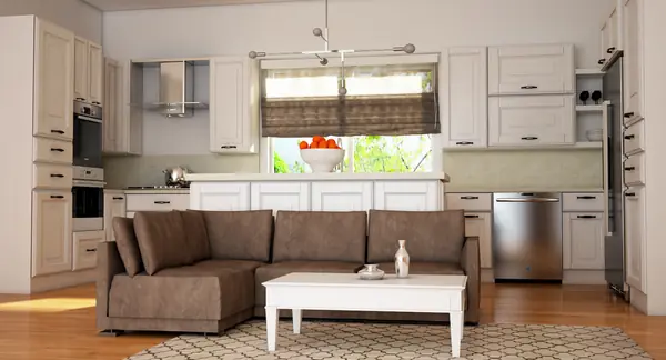 Kitchen island and seating with the living area beyond