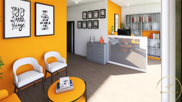 Reception and waiting area with orange accent wall and lounge seating