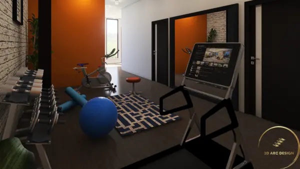 Open training floor with free weights against an orange feature wall